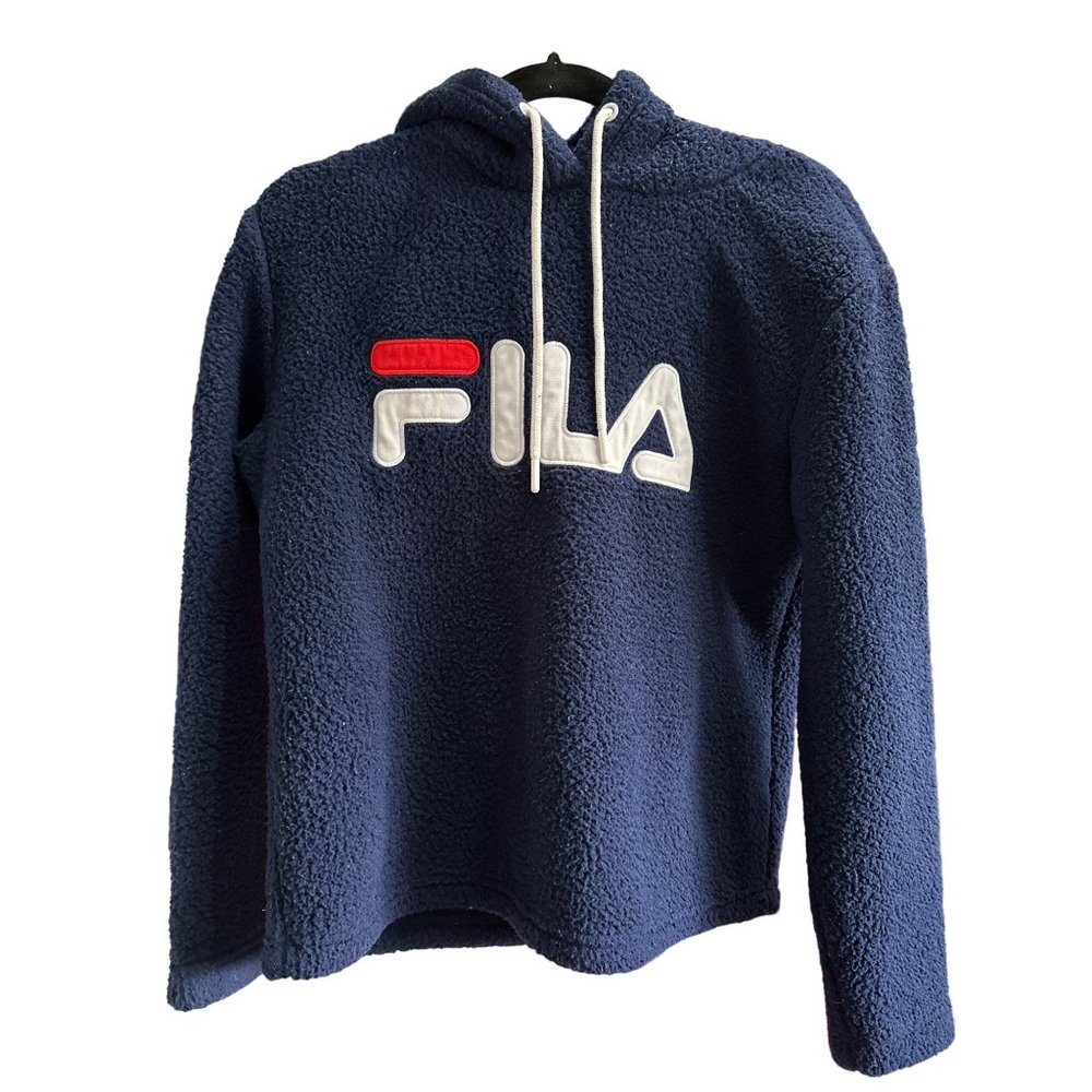 Fila women’s size S cropped navy blue fleece large embroidered logo hoodie